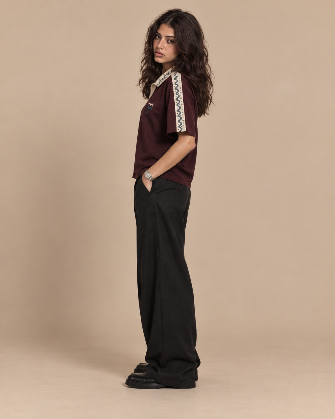 Polo — Moroccan Patterns worn by model, studio shot