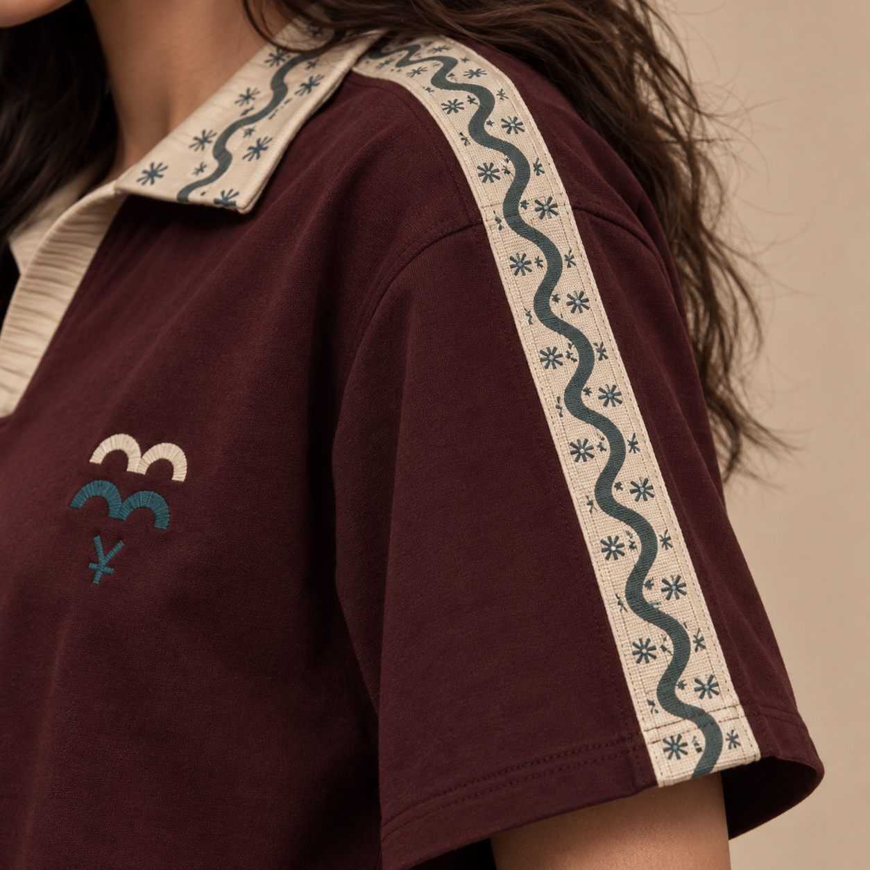 Polo — Moroccan Patterns worn by model, studio shot