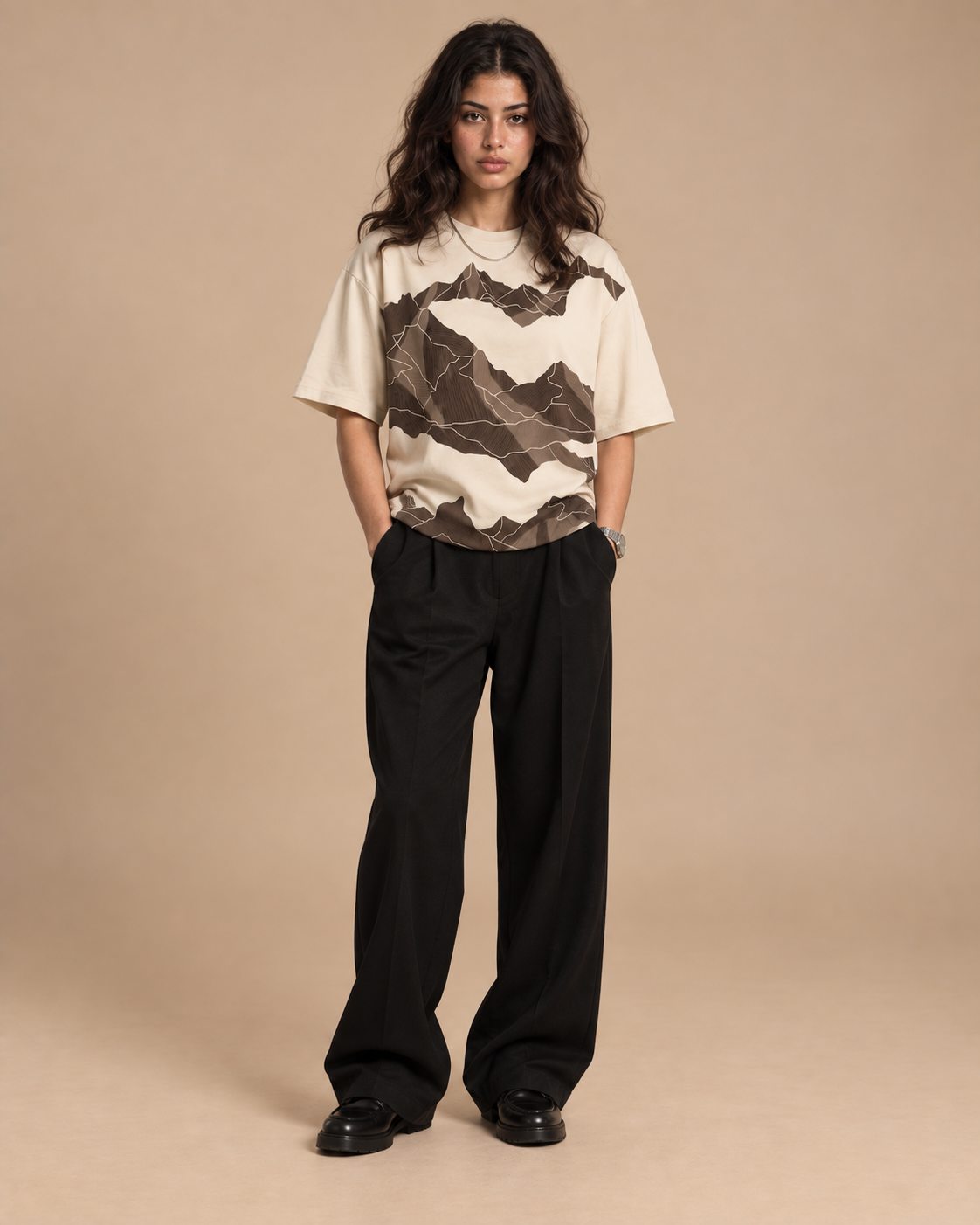 Seven Hills Round Shirt Beige worn by model, studio shot