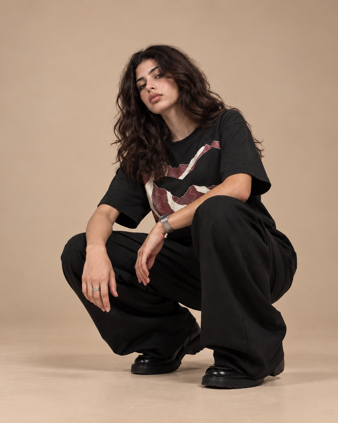 Seven Hills Round Shirt Black worn by model, studio shot