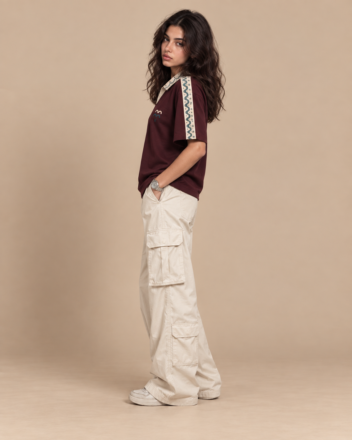 Polo — Moroccan Patterns worn by model, studio shot