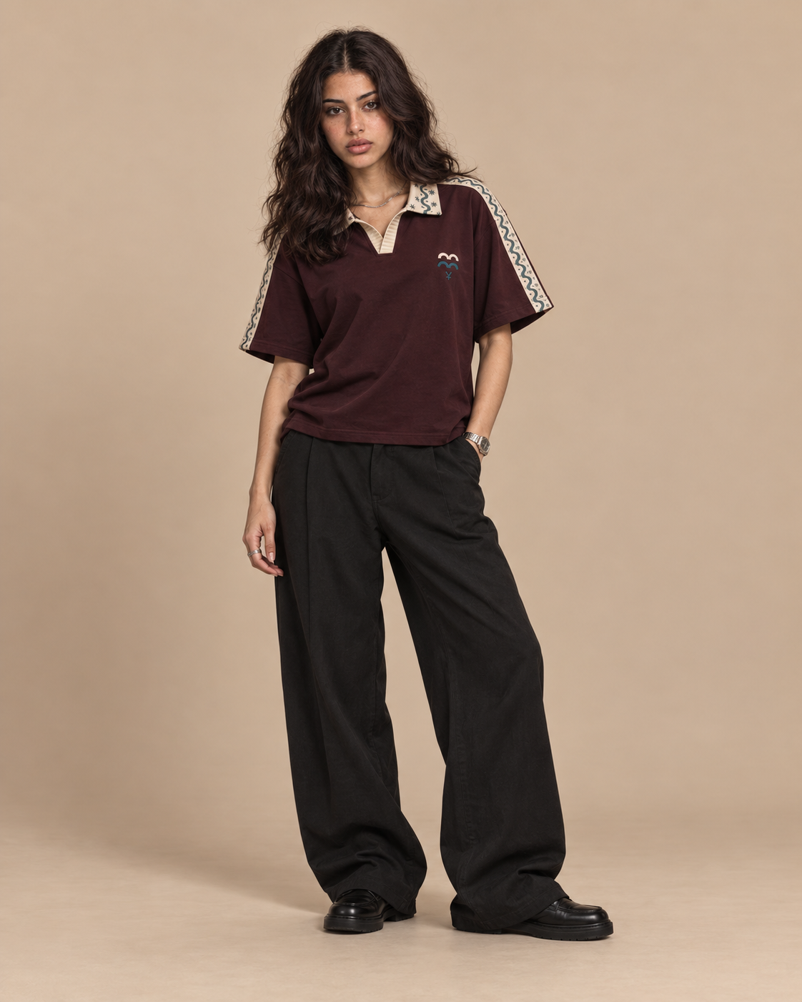 Polo — Moroccan Patterns worn by model, studio shot