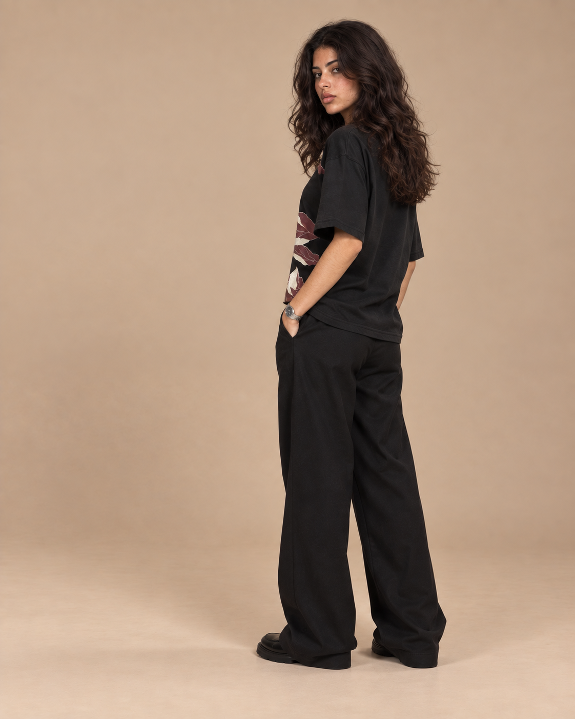 Seven Hills Round Shirt Black worn by model, studio shot