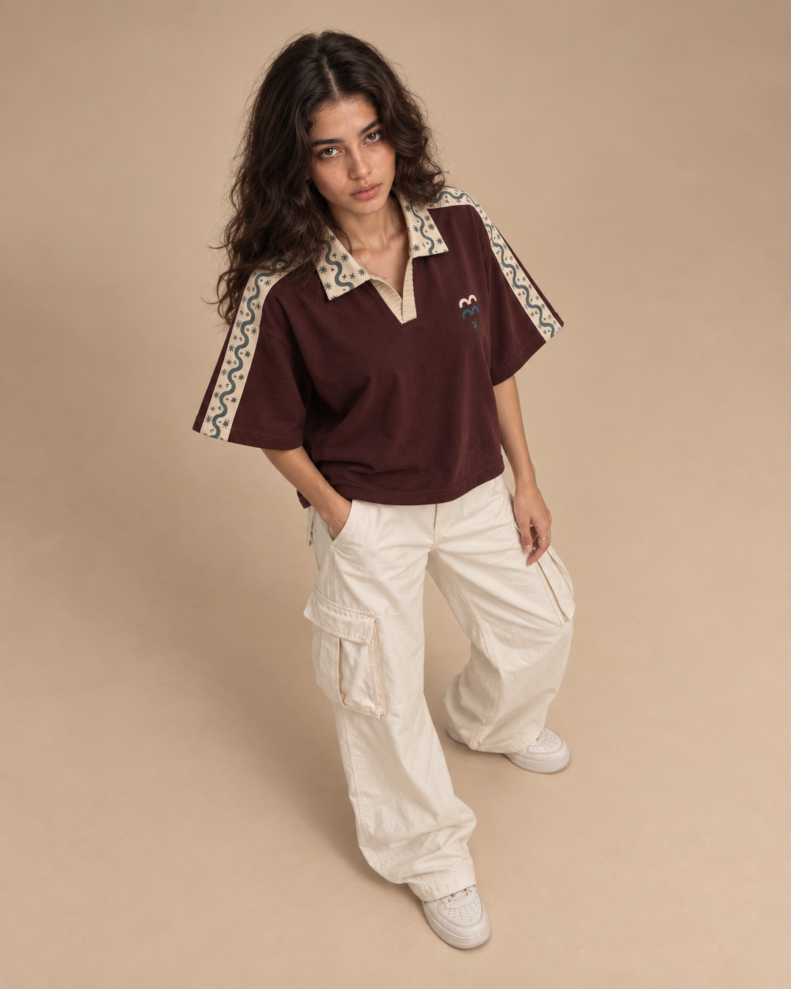 Polo — Moroccan Patterns worn by model, studio shot