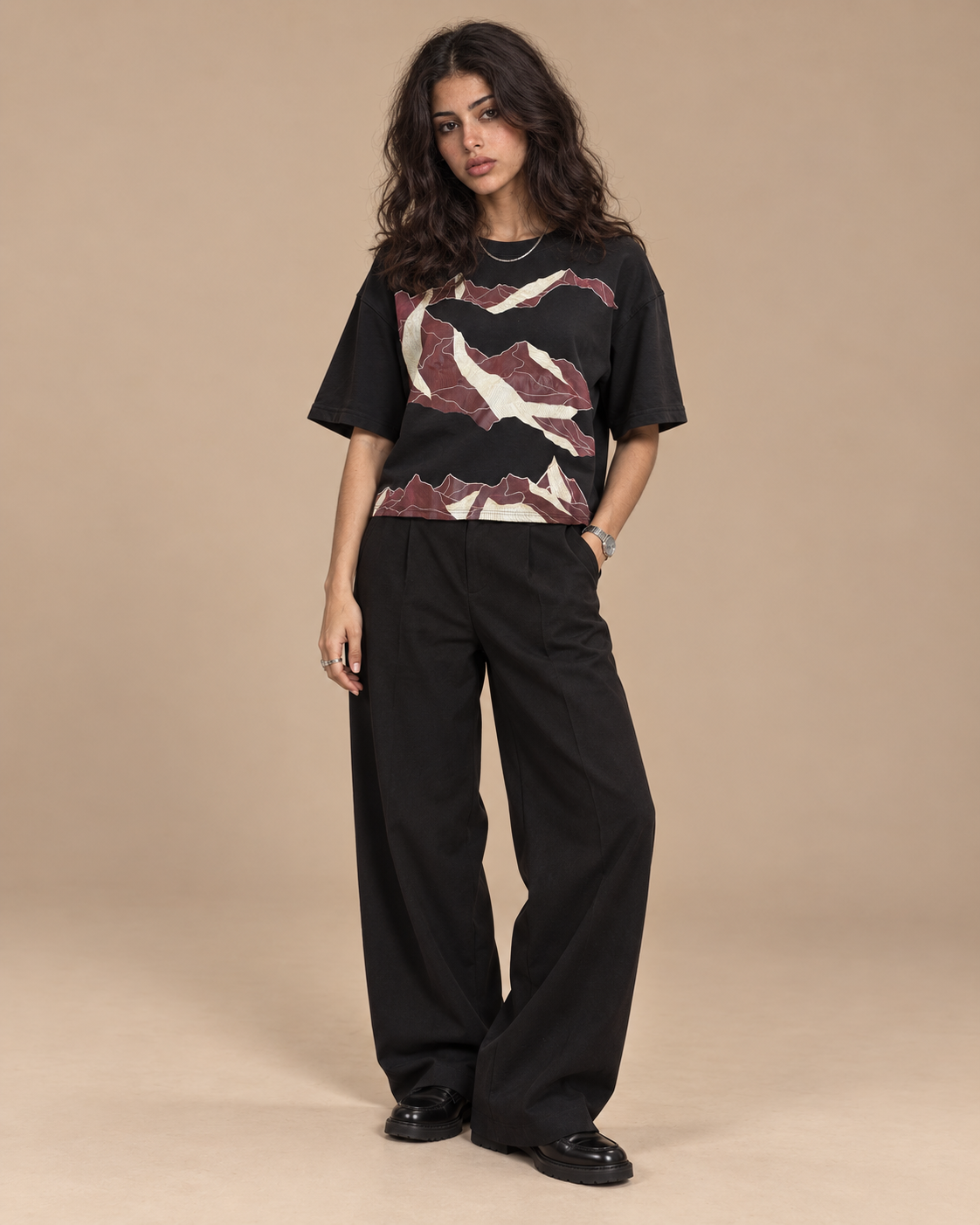 Seven Hills Round Shirt Black worn by model, studio shot