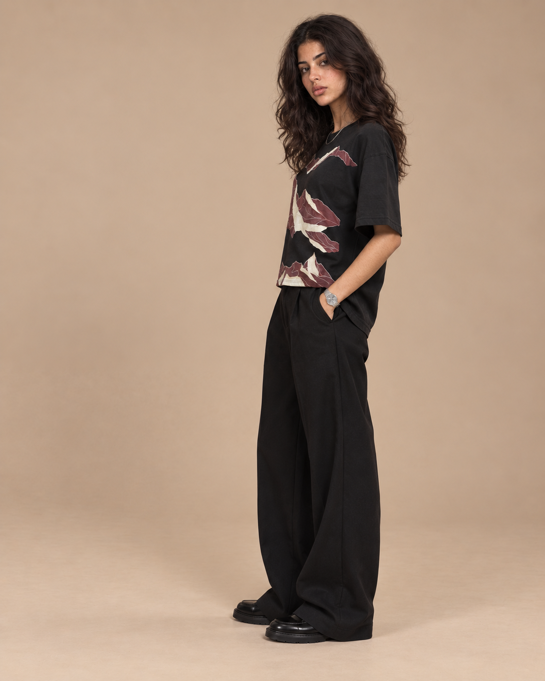 Seven Hills Round Shirt Black worn by model, studio shot