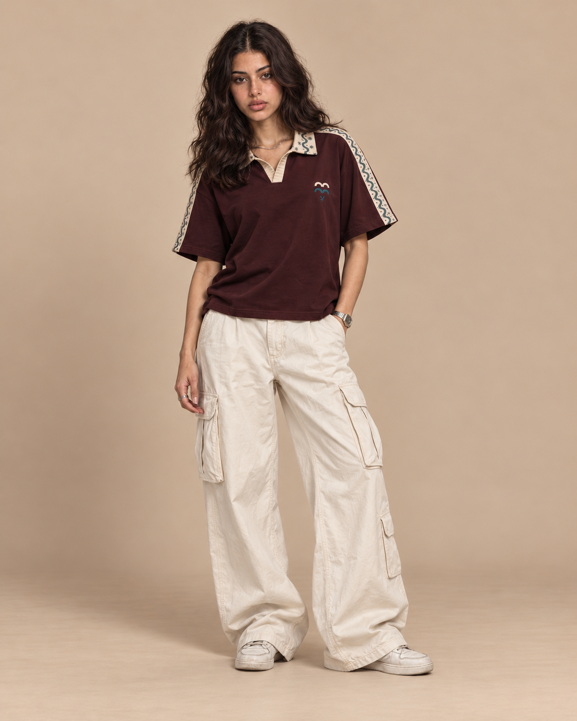Polo — Moroccan Patterns worn by model, studio shot