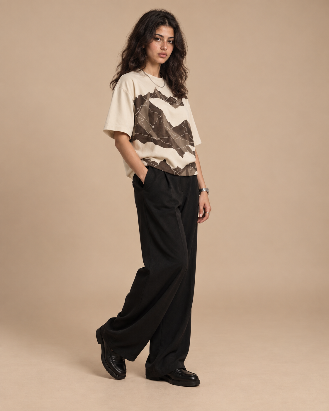 Seven Hills Round Shirt Beige worn by model, studio shot