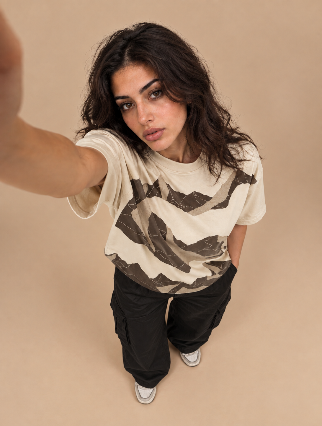 Seven Hills Round Shirt Beige worn by model, studio shot